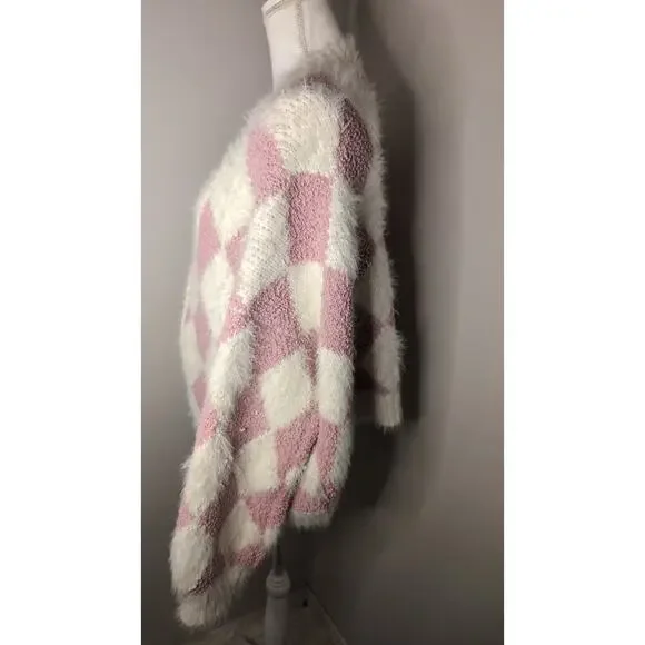 POL Argyle Fuzzy Cardigan Cozy Boutique Soft Girl Sweater Large - Picture 3 of 8